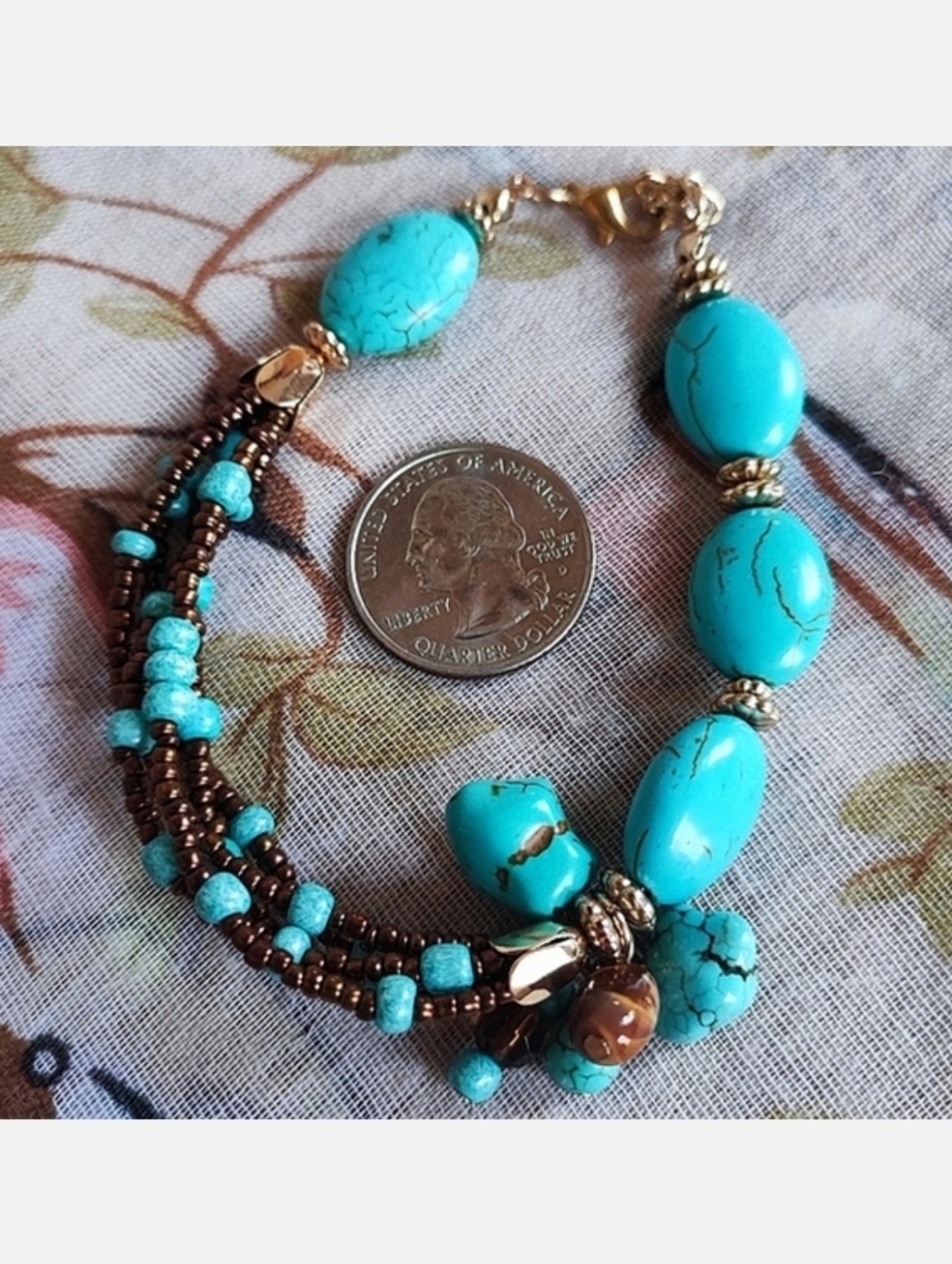 Howlite Faux Turquoise Color Veining Brown Copper Seed Beads Bracelet Anklet